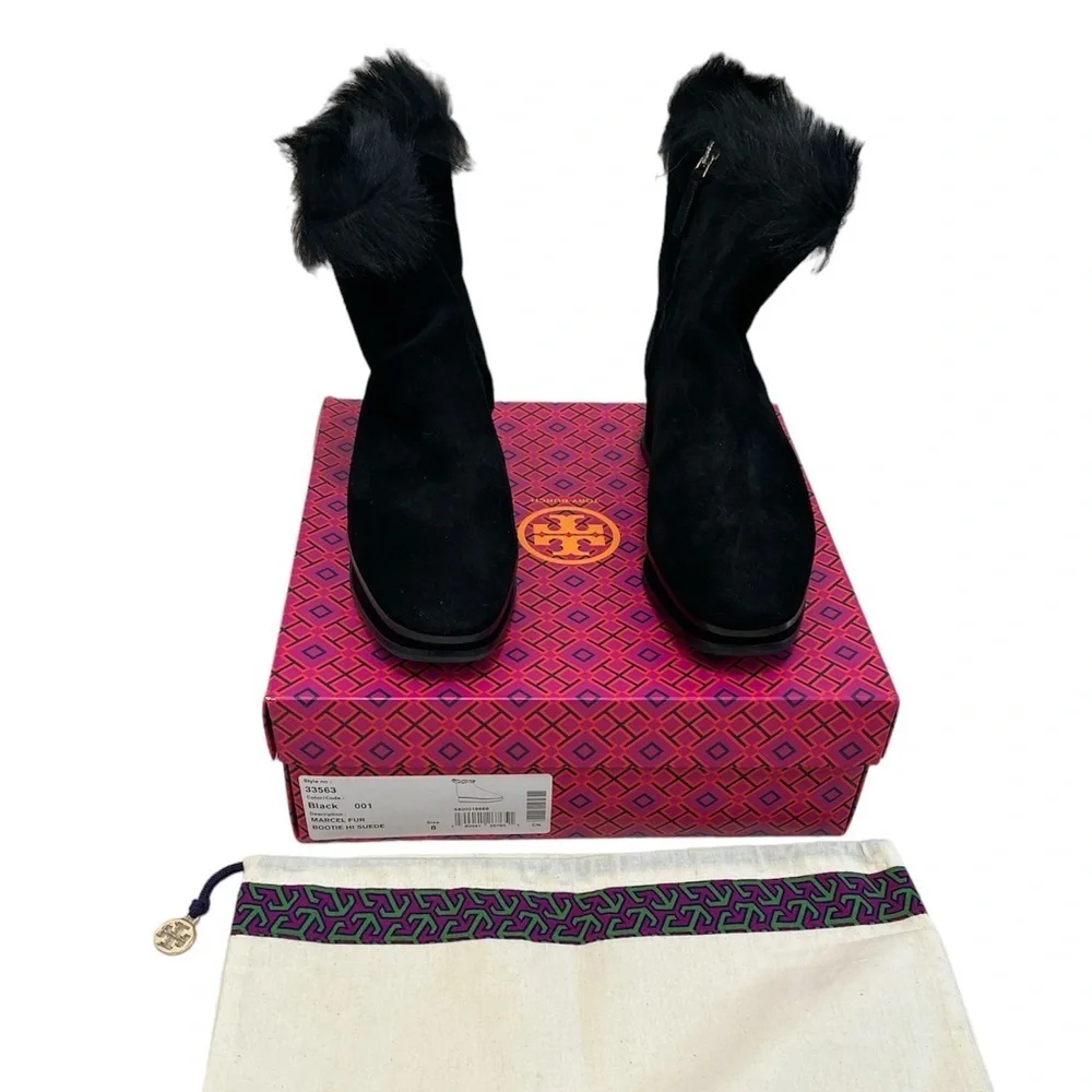 NIB Tory Burch Marcel Fur Bootie Black Suede Size 8